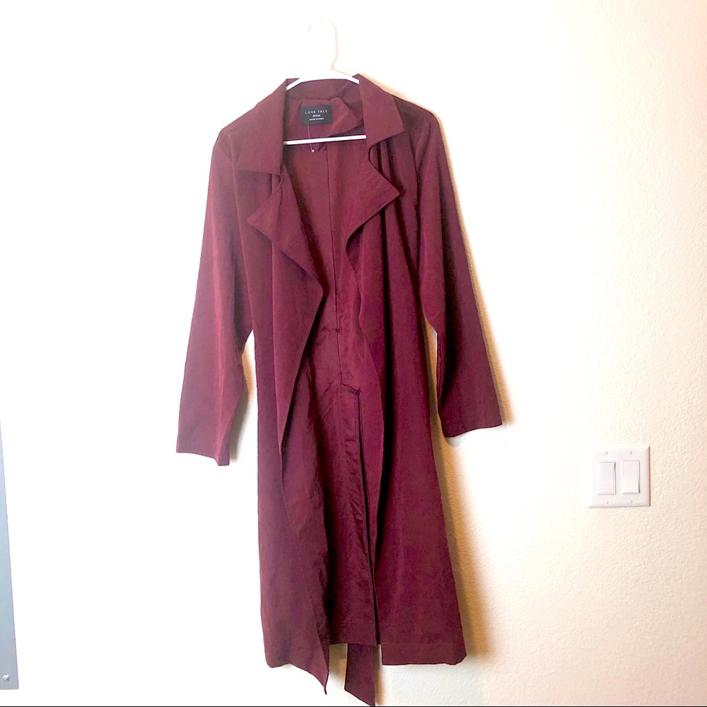 Burgundy trench coat style duster.